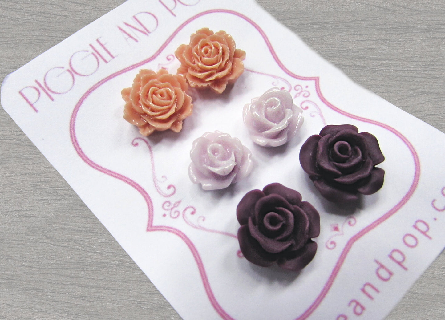 Flower Stud Earrings Set in Coral Pink, Lavender and Plum Purple, Floral Post Earring Set, Resin Flower Earrings, Matte Finish Rose Earrings