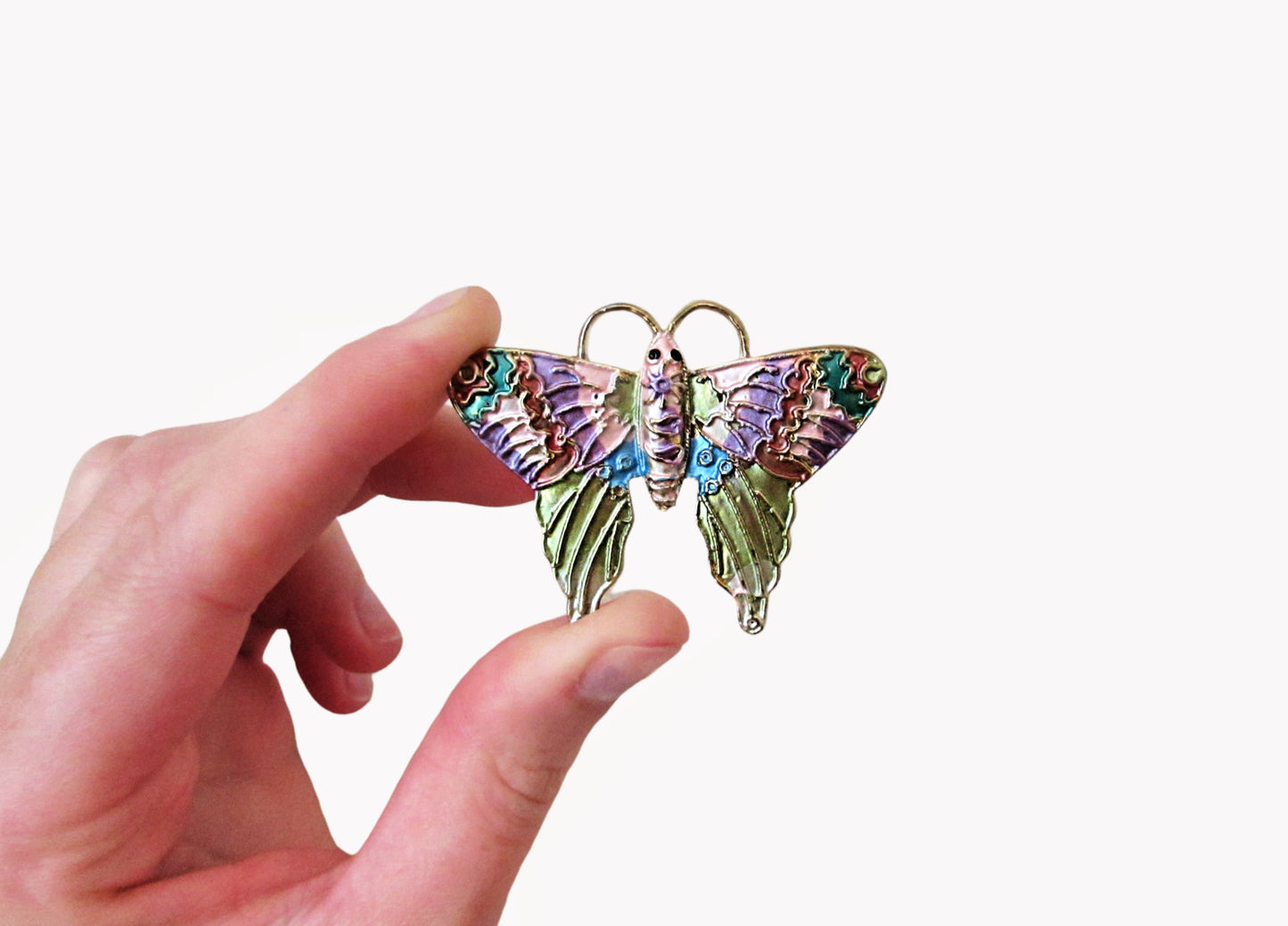 Vintage Butterfly Brooch, Colorful Enamel Butterfly Pin, Pink Purple Green Blue and Gold Tone Butterfly Accessory, VTG Rainbow Accessories