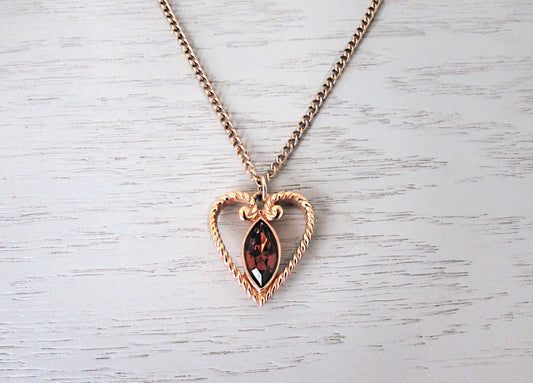 Vintage Avon Heart Necklace, Gold Heart Charm Necklace with Topaz Rhinestone, Gold Heart Pendant Necklace, VTG Chain Necklace