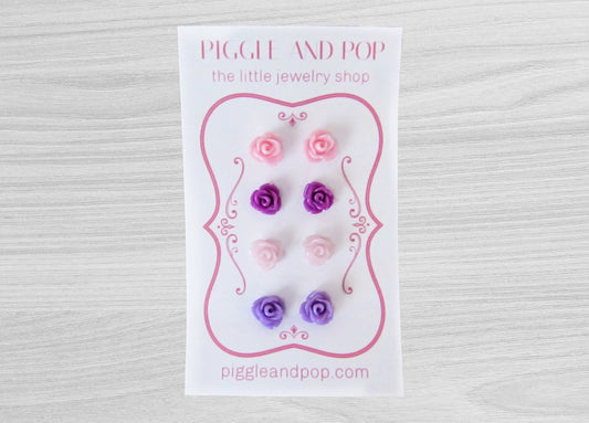 Tiny Rose Earrings in Pinks and Purple, Flower Earring Set, Resin Rose Stud Earrings, Cute Small Hypoallergenic Post Earrings for Girls fse4