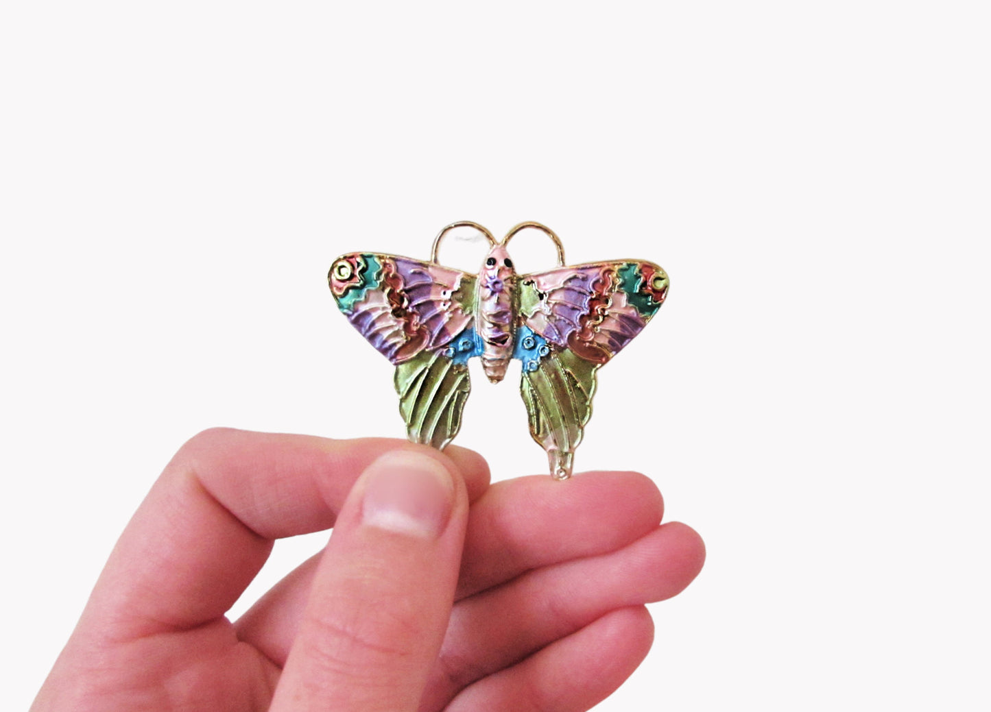 Vintage Butterfly Brooch, Colorful Enamel Butterfly Pin, Pink Purple Green Blue and Gold Tone Butterfly Accessory, VTG Rainbow Accessories