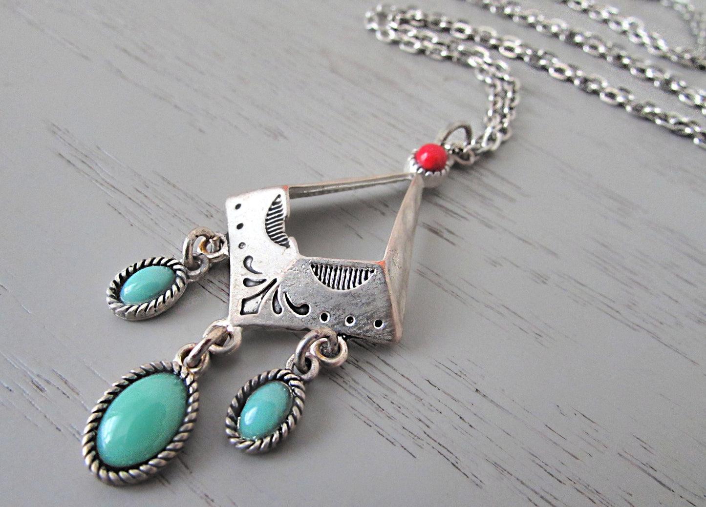 1970s Silver Tone Southwestern Necklace with Turquoise and Red Stones, from Piggle and Pop
