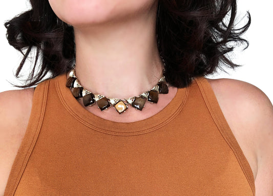 Vintage Thermoset Necklace, Vintage Brown Thermoplastic Silver Tone Necklace, 1960s Retro Choker Necklace, Short Moonglow Necklace