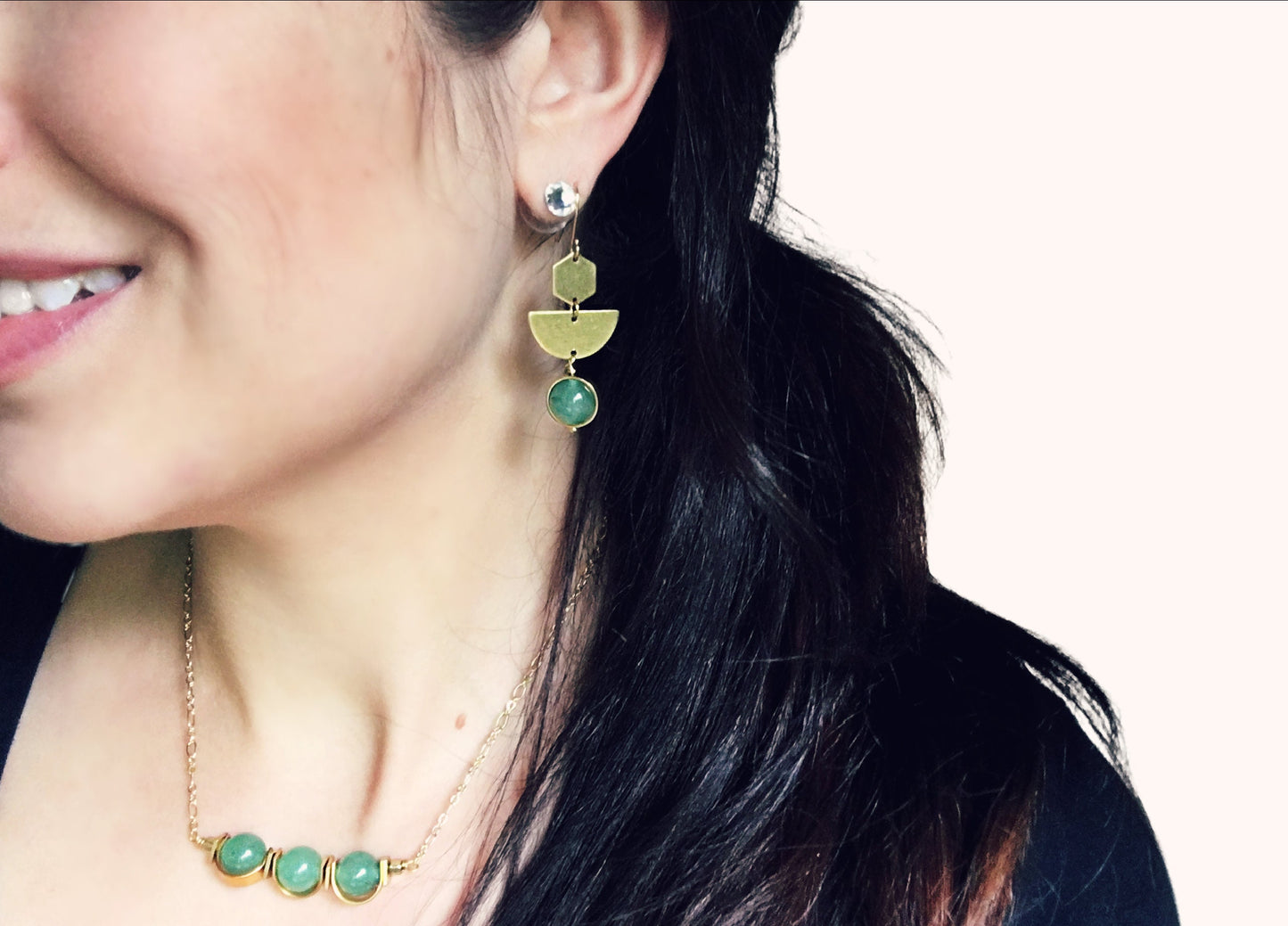Green Aventurine + Raw Brass Earrings, Green Gemstone Bead Frame Earring, Geometric Tiered Earrings, Boho Style Minimalist Stone Jewelry