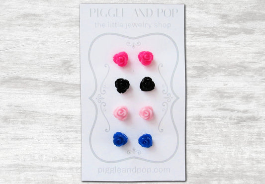 Mini Rose Post Earrings, Flower Resin Earrings in Hot Pink, Black, Baby Pink, Royal Blue. Hypoallergenic Small Rose Stud Earrings for Girls fse4