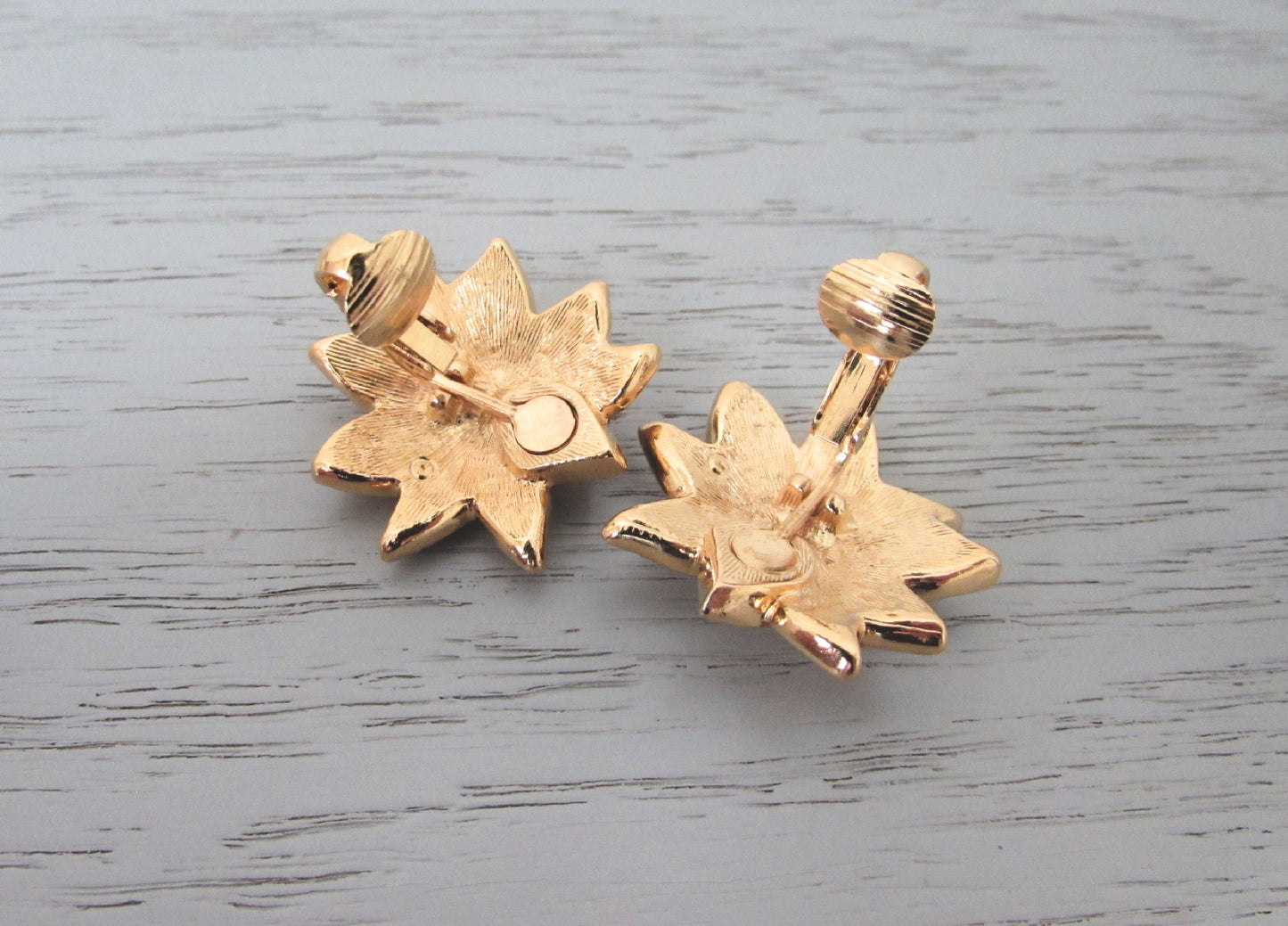 Vintage Enamel Flower Earrings, Yellow and Gold Glitter Floral Clip-On Statement Earrings, Big Vintage Earrings, Iridescent Glitter Earrings