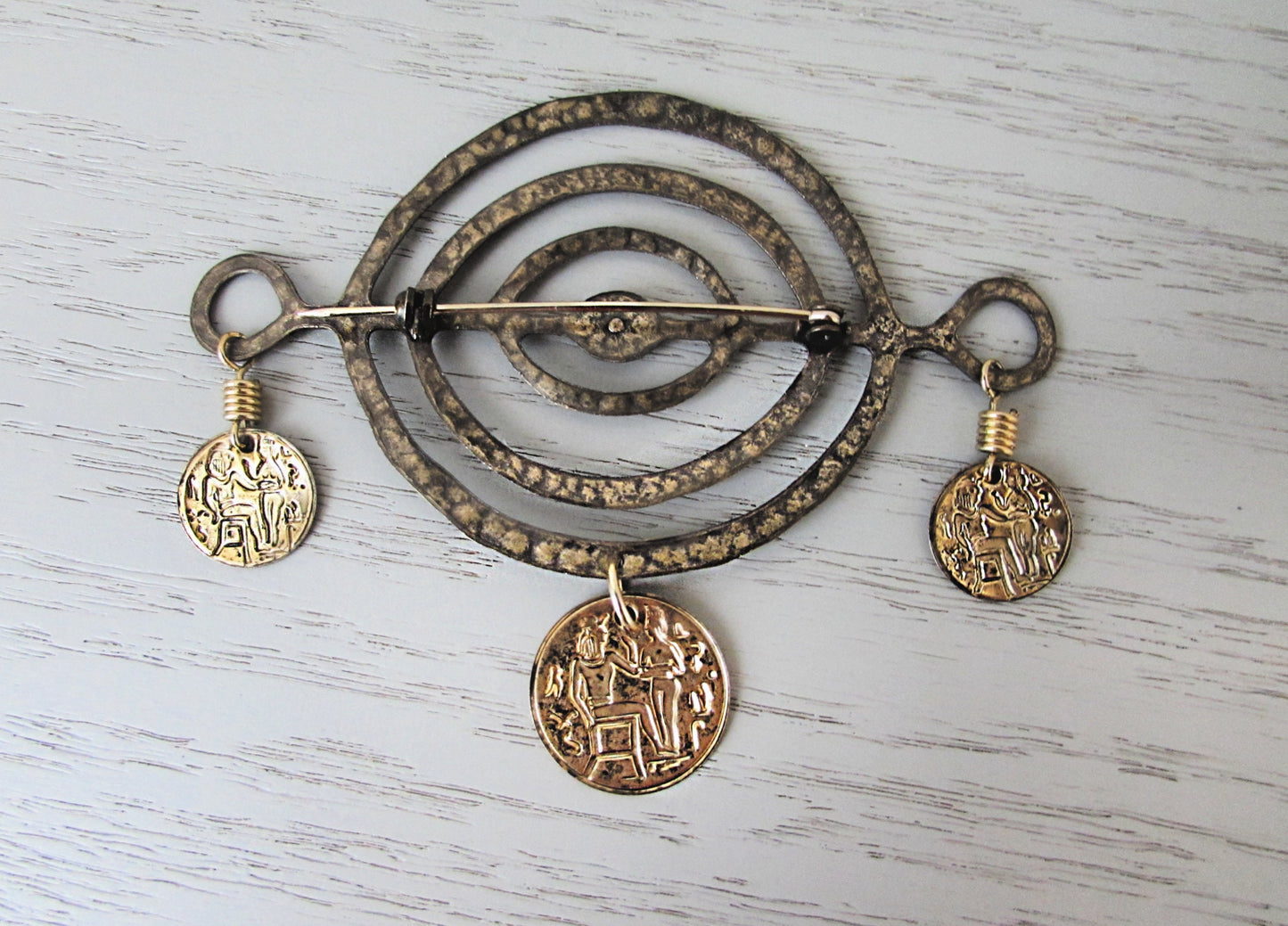 Vintage Egyptian Glyph Brooch, Bronze and Gold Faux Coin Geometric Pin, Hieroglyphics, Unique Avant Garde Accessories