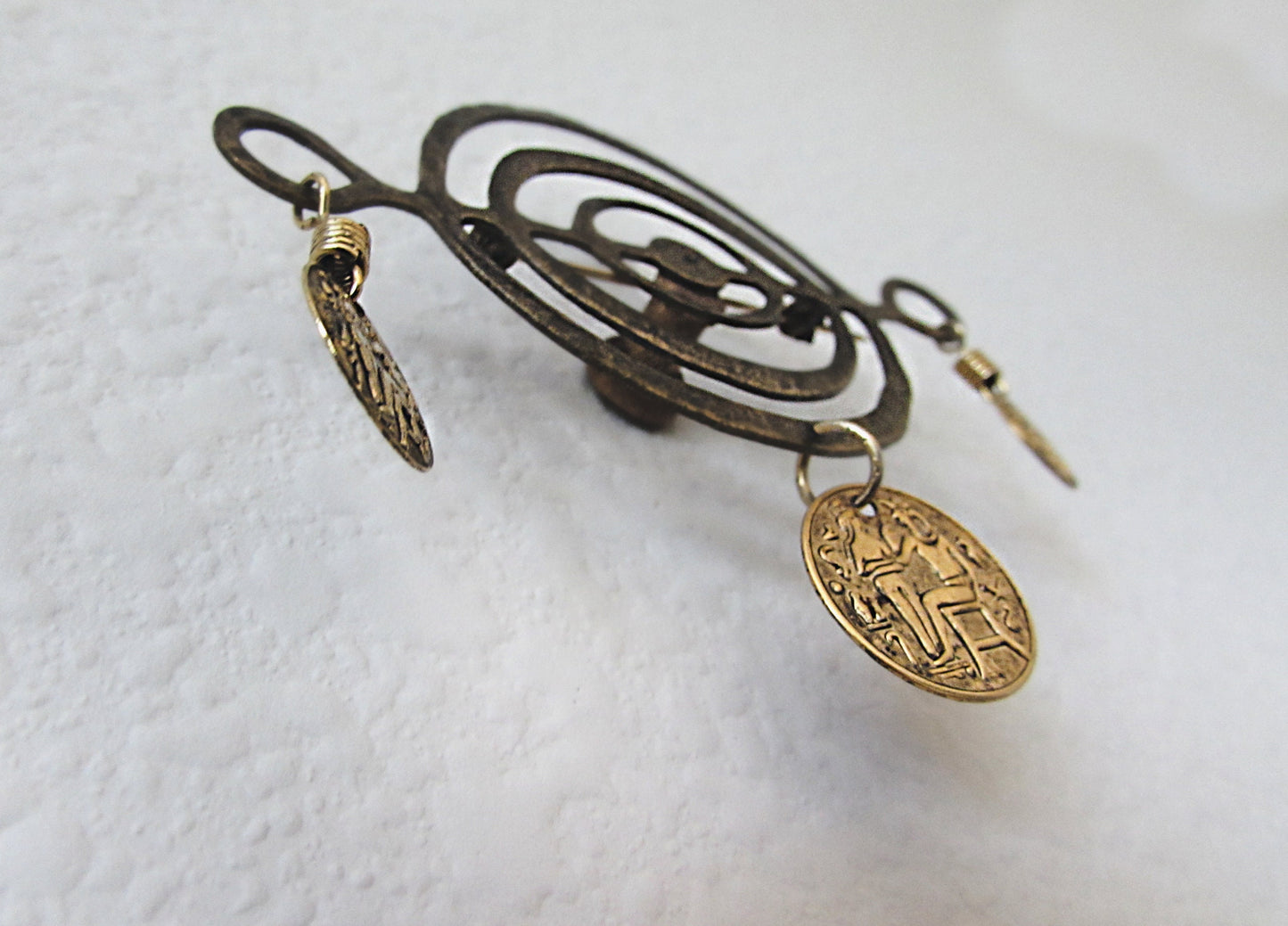 Vintage Egyptian Glyph Brooch, Bronze and Gold Faux Coin Geometric Pin, Hieroglyphics, Unique Avant Garde Accessories