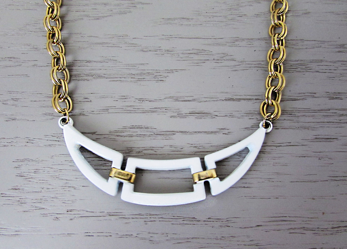Vintage Geometric Necklace, White and Gold Metal Bib Necklace, Minimalist Double Link Gold Chain Necklace with White Abstract Pendant