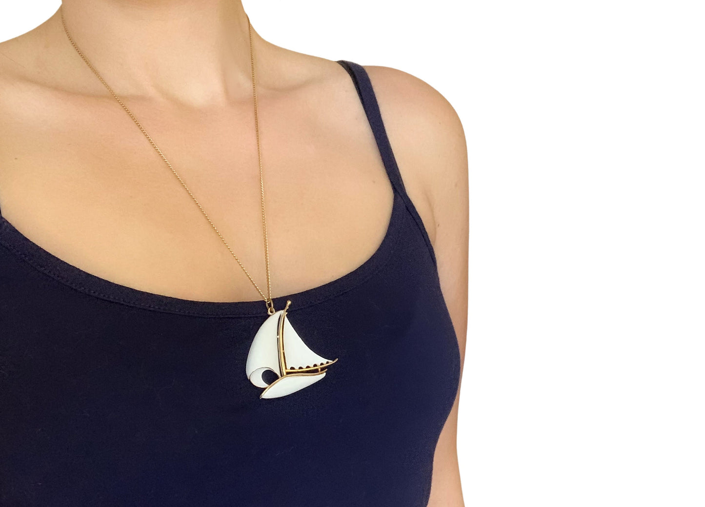 Vintage Sailboat Necklace, White Enamel and Gold Pendant Necklace, Unisex Sea Boat Charm Pendant, Unique Nautical Sailing Boating Necklace