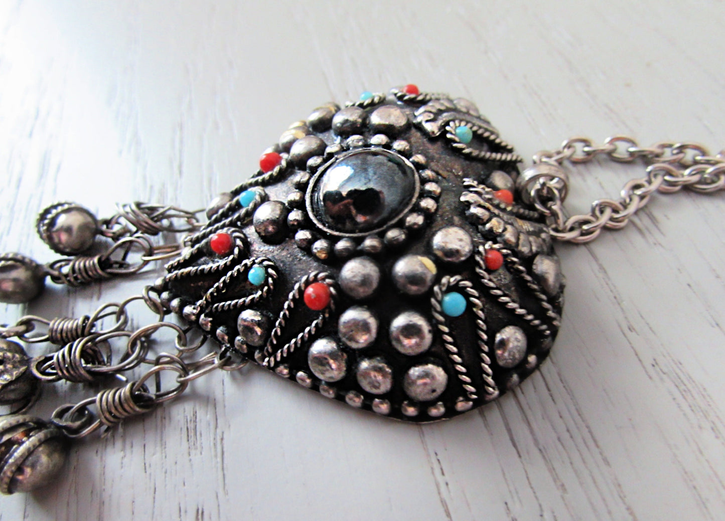 Boho Heart Pendant Necklace, 1970s Vintage Gunmetal Heart Charm Necklace w Red and Blue Beading, Long Tassel Charm Bohemian Chain Necklace