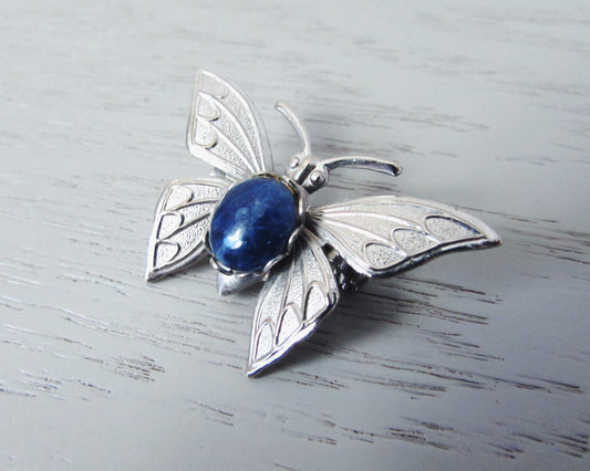 Butterfly Brooch Pin, Vintage Silver Butterfly Pin with Blue Stone Center, Vintage Brooch, Whimsical Bridal Brooch, Antique Silver Pin