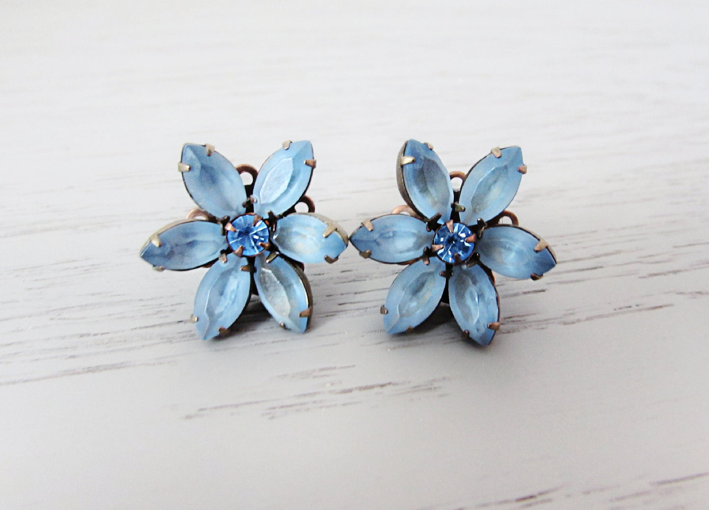 Vintage Statement Earrings in Icy Blue, Large Floral Crystal Earrings, Dusty Blue 1920s Wedding Theme, Rhinestone Cocktail Earring