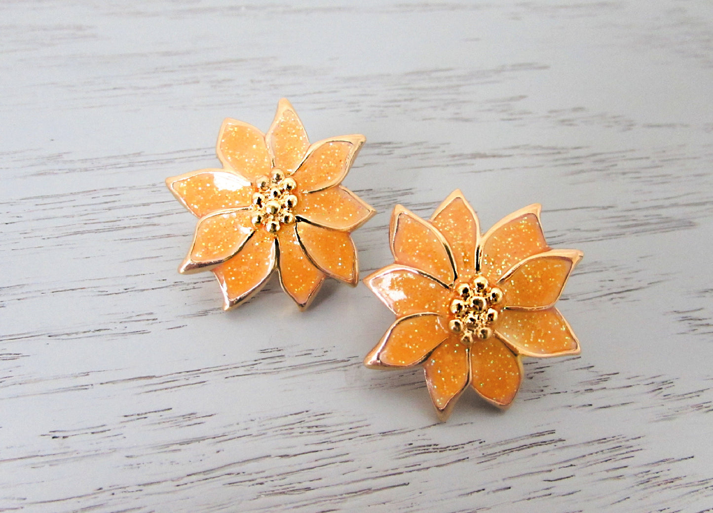Vintage Enamel Flower Earrings, Yellow and Gold Glitter Floral Clip-On Statement Earrings, Big Vintage Earrings, Iridescent Glitter Earrings