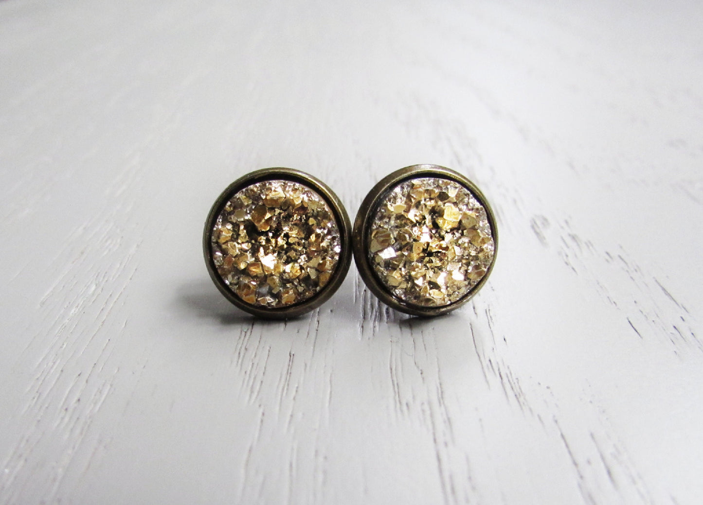 Druzy Stud Earrings, Faux Geode Stud Earring, 14mm Post Earrings, Gunmetal Silver or Gold Round Druzy Minimalist Earring, Choose Your Color