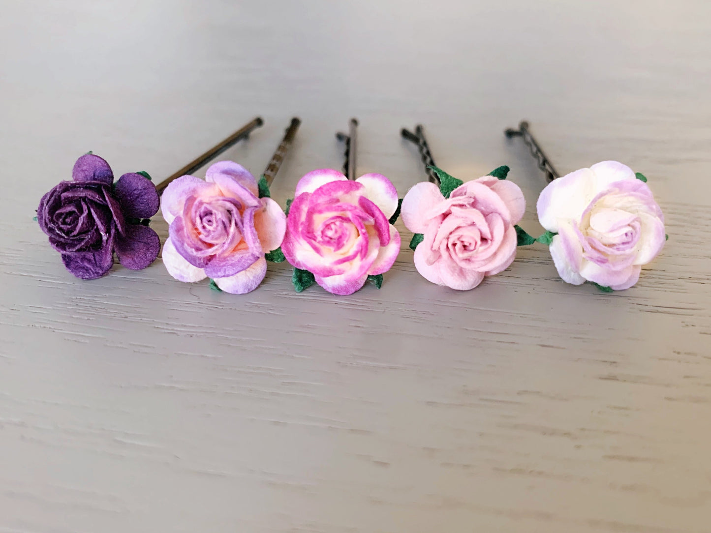 Purple Paper Rose Bobby Pin Set, Cute Small Hair Flowers Handmade Hair Accessories Ombre Hair Pins in Lavender, Pink, Wisteria, Plum, Lilac MPR6