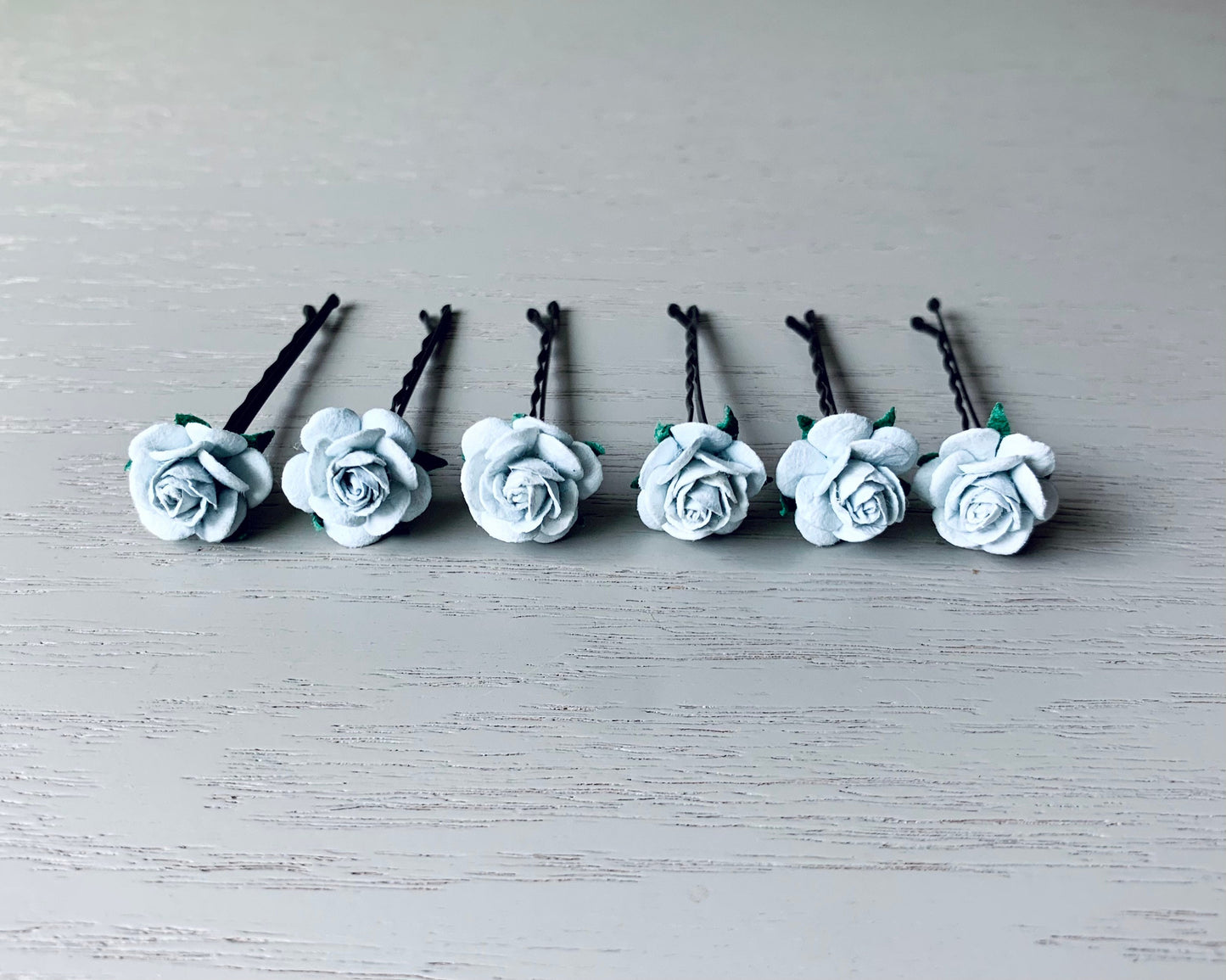 Grey Rose Hair Pins, Set of 6 Paper Flower Bobby Pins in Soft Light Gray, Rustic Bridal Hair Accessories for Floral Country Wedding MPR6