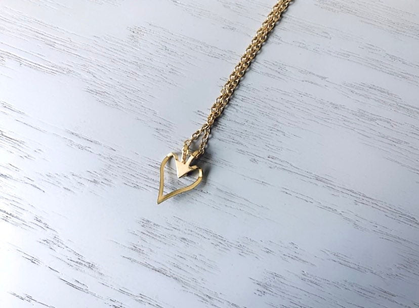 Vintage Heart Necklace with Rhinestone, Fine Chain Necklace with Heart Cut Out Charm Pendant, Gold Tone Dainty Vintage Necklace