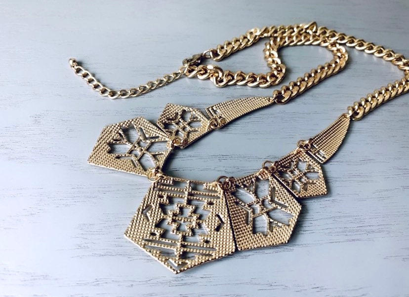 Tribal Geometric Necklace, Vintage Gold Metal Bib Necklace with Geometric Cut Outs, Gold Chain Necklace, Bold Abstract Pendant