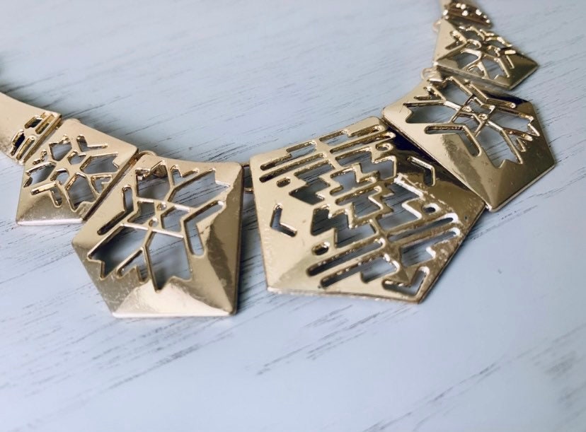 Tribal Geometric Necklace, Vintage Gold Metal Bib Necklace with Geometric Cut Outs, Gold Chain Necklace, Bold Abstract Pendant