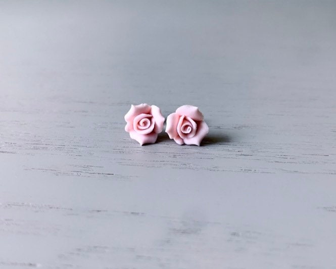 Blush Pink Porcelain Rose Earrings, Bridal Post Earrings, Small Flower Earrings, Simple Bridal Jewelry, Small Ceramic Flower Earrings