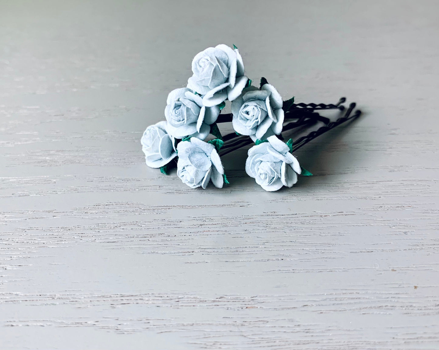 Grey Rose Hair Pins, Set of 6 Paper Flower Bobby Pins in Soft Light Gray, Rustic Bridal Hair Accessories for Floral Country Wedding MPR6