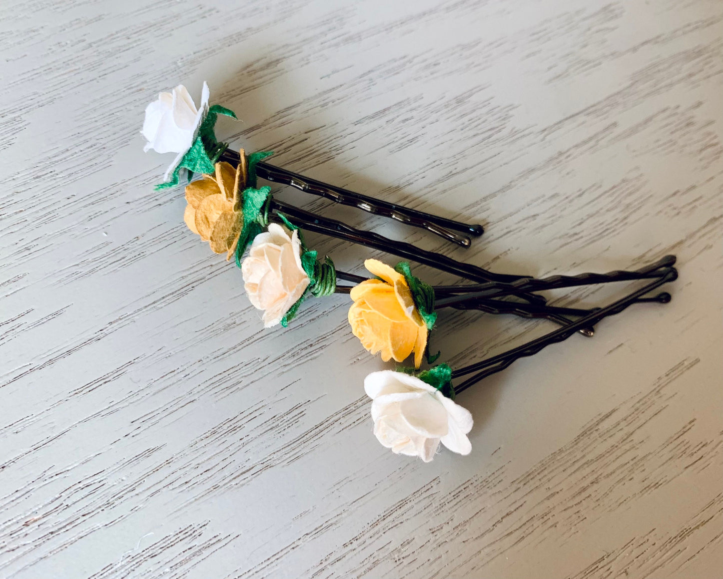 Golden Hour Rose Hair Pins, Set of 5 Paper Flower Bobby Pins in Rust Orange, Cream + Soft Gold, Rustic Bridal Hair Accessories Bohemian Wedding MPR6
