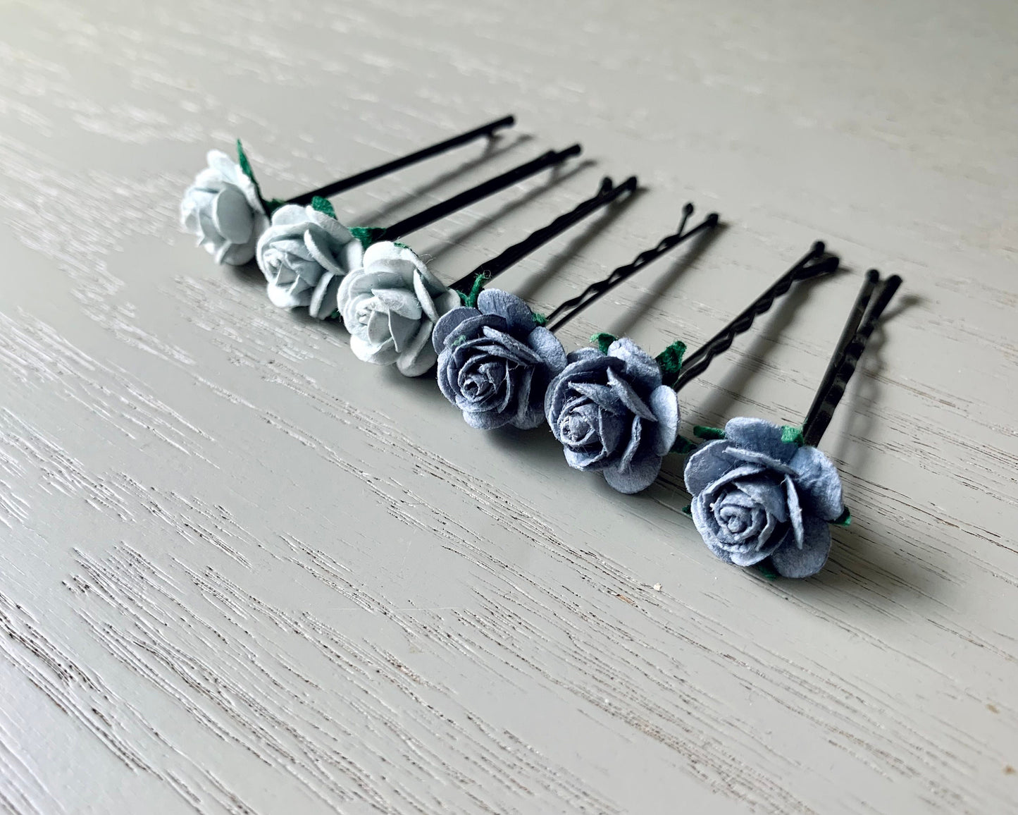 Grey Rose Hair Pin Set, 6 Paper Flower Bobby Pins in Two Tone Light and Dark Gray, Winter Bridal Hair Accessories for Floral Wedding MPR6
