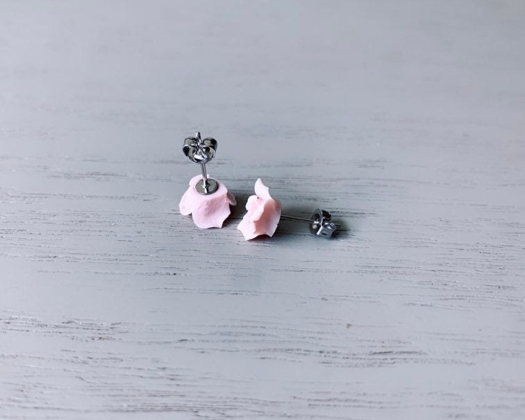 Blush Pink Porcelain Rose Earrings, Bridal Post Earrings, Small Flower Earrings, Simple Bridal Jewelry, Small Ceramic Flower Earrings