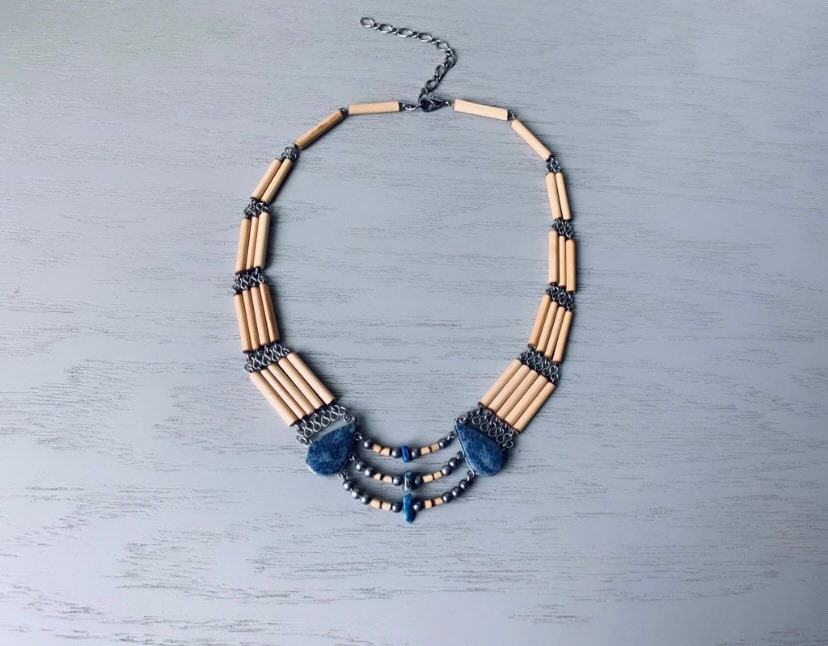 Bamboo Pyrite and Lapis Lazuli 1970s Vintage Necklace, Multi-strand Necklace Geometric Necklace, Everyday  70s Bohemian Unique Necklace