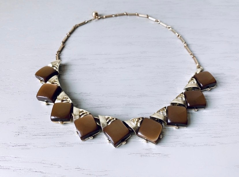Vintage Thermoset Necklace, Vintage Brown Thermoplastic Silver Tone Necklace, 1960s Retro Choker Necklace, Short Moonglow Necklace