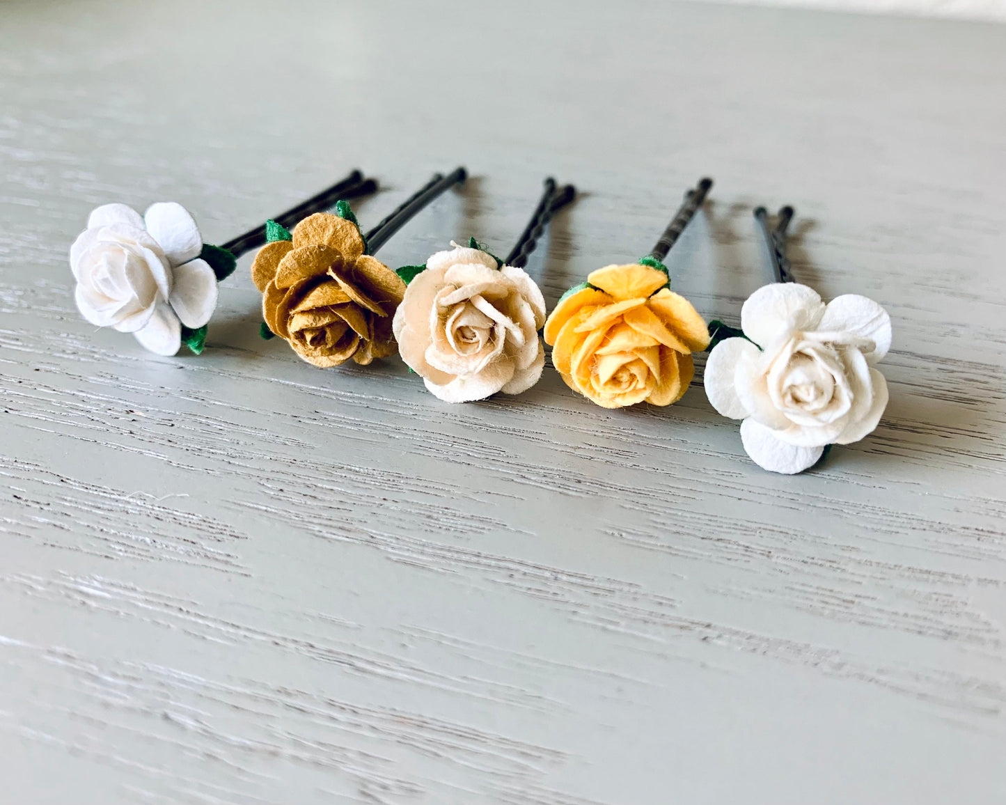 Golden Hour Rose Hair Pins, Set of 5 Paper Flower Bobby Pins in Rust Orange, Cream + Soft Gold, Rustic Bridal Hair Accessories Bohemian Wedding MPR6