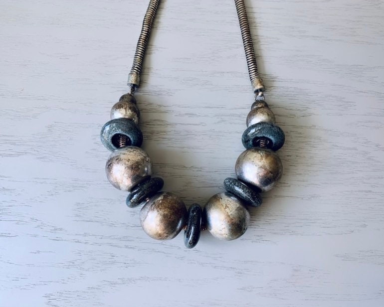 Metallic Statement Necklace, Rustic Industrial Necklace, Black Gunmetal Silver and Stone Necklace, Chunky Eclectic Necklace