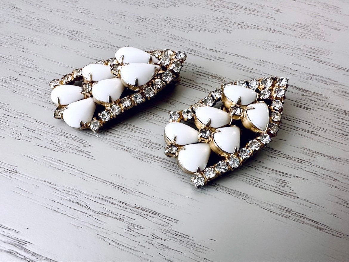 Vintage Milk Glass Earrings, Dramatic Rhinestone Clip-on Earrings, Vintage Crawler Earrings, 1960's Gold Plated Elegant Bridal Earrings
