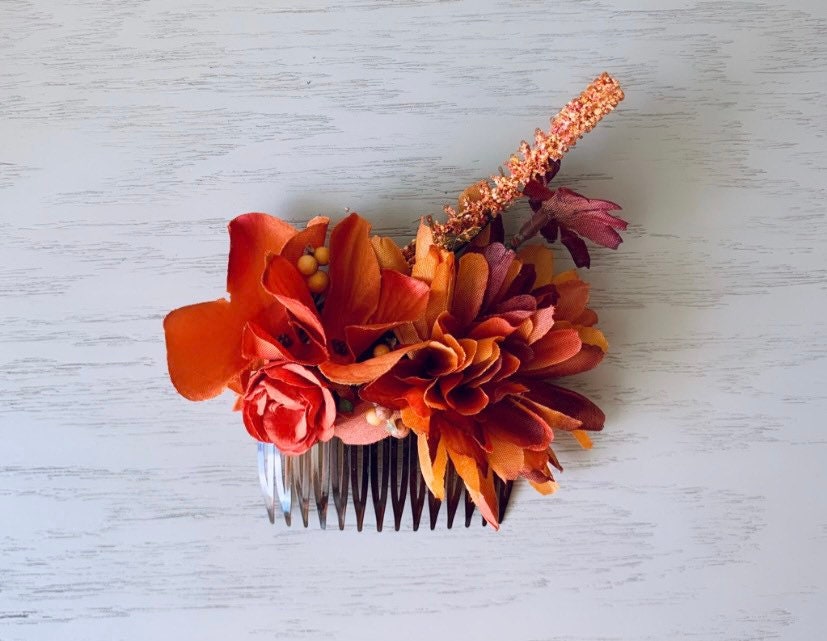 PERSIMMON CORAL BRIDAL Vintage Hair online Comb Assemblage Bride er of the Bride Pumpkin Orange Gold Floral Wedding Collage One Of A Kind Moth