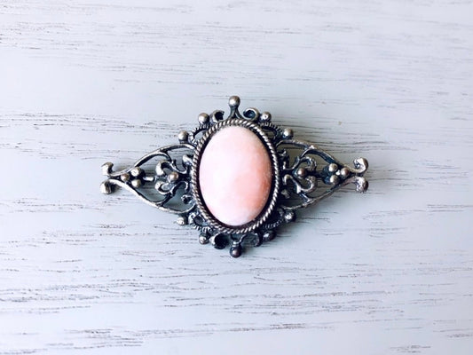 Victorian Filigree Brooch, VTG Antique Silver Pin with Light Pink Oval Stone Cabochon, Vintage Pin Brooch, Victorian Accessories