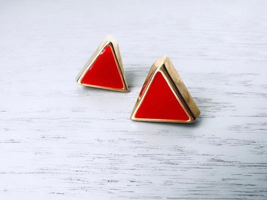 Red and Gold Triangle Earrings, Vintage Napier Pierced Earrings, 1980's Earrings, Gold and Red Enamel Triangle Earring