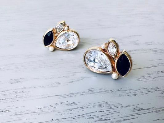 Vintage Swarovski Earrings, Dramatic Rhinestone Clip-on Earrings, Vintage Black Diamond and Pearl Gold Bridal Earrings