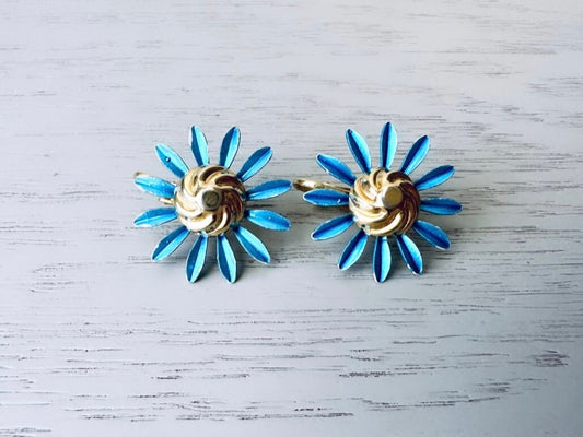 Metallic Blue and Gold Vintage Flower Earrings, Enamel Clip-On Statement Earring, Mod Pop Retro Style, Oversized Vintage Metal Earrings