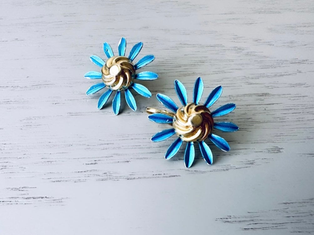 Metallic Blue and Gold Vintage Flower Earrings, Enamel Clip-On Statement Earring, Mod Pop Retro Style, Oversized Vintage Metal Earrings