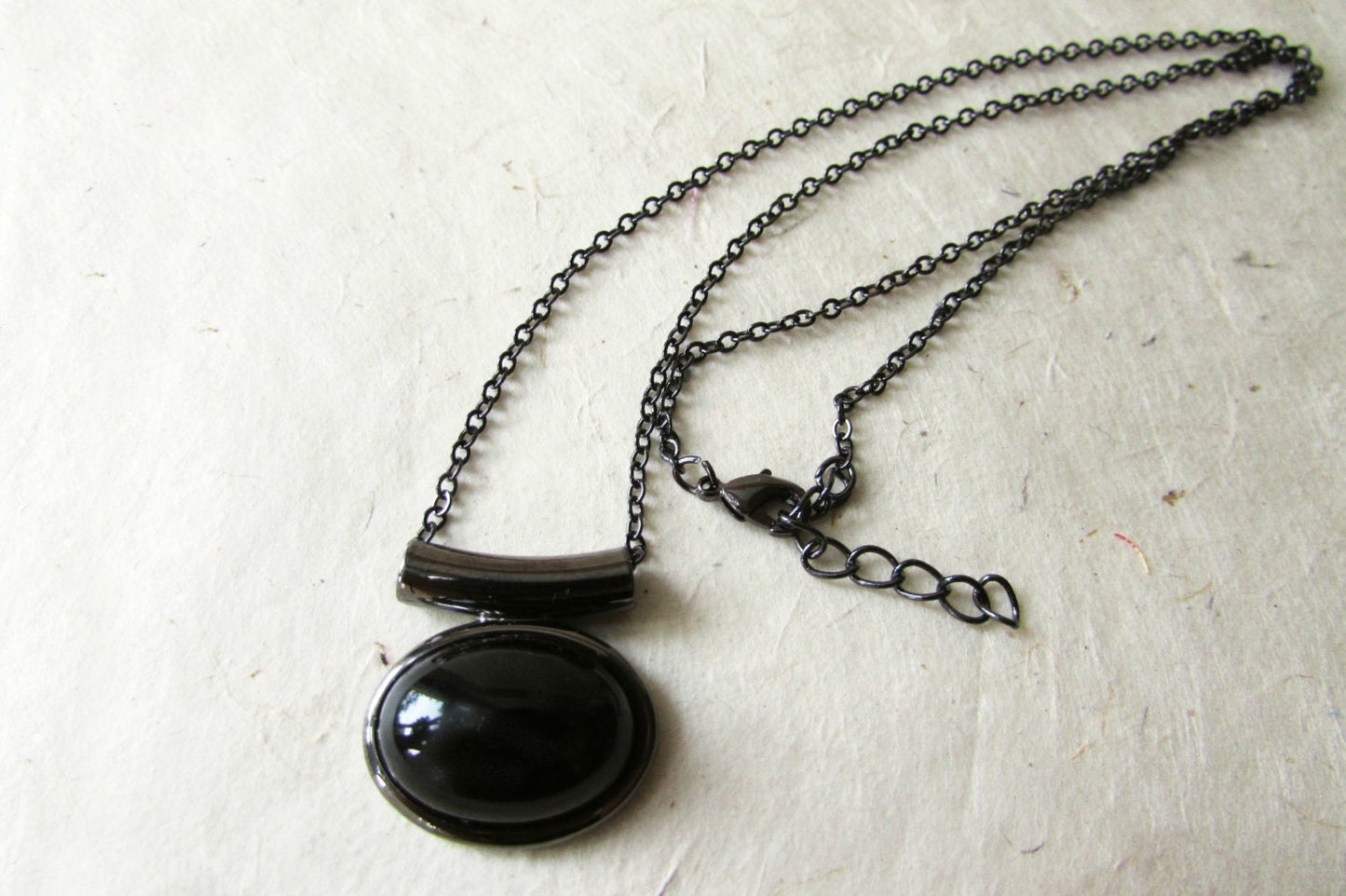 Jet Black Gemstone Necklace, Black Onyx Necklace, Minimalist Natural Stone Pendant Necklace, Onyx Cabochon Necklace in Gunmetal Silver