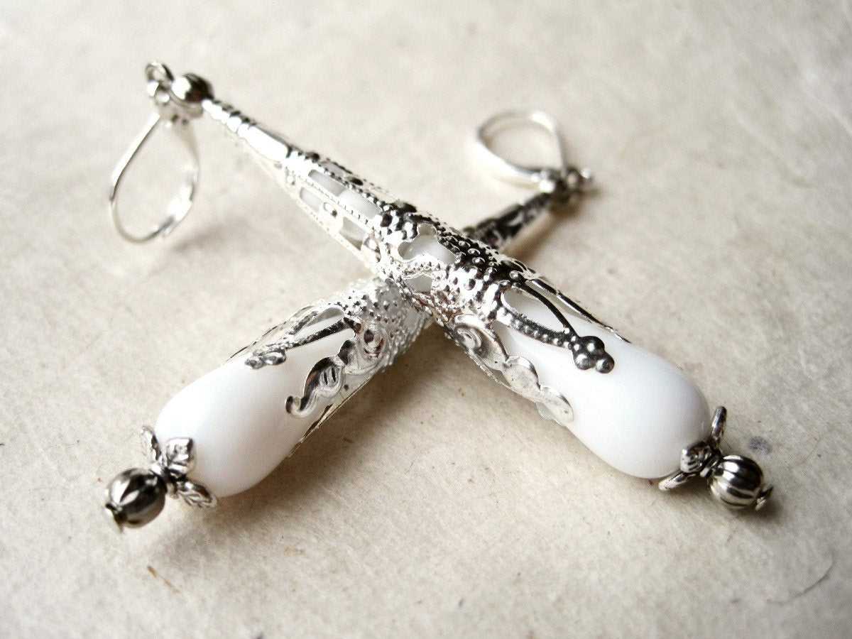 White Teardrop Earrings, Long Silver Earrings, Czech Glass Earrings, Antique Silver, Victorian Filigree Cones, White Bridal Jewelry