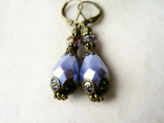 Lilac Victorian Earrings, Handmade 1920s Inspired Crystal Earrings, Light Purple Lavender Teardrop Earring with Bronze Filigree