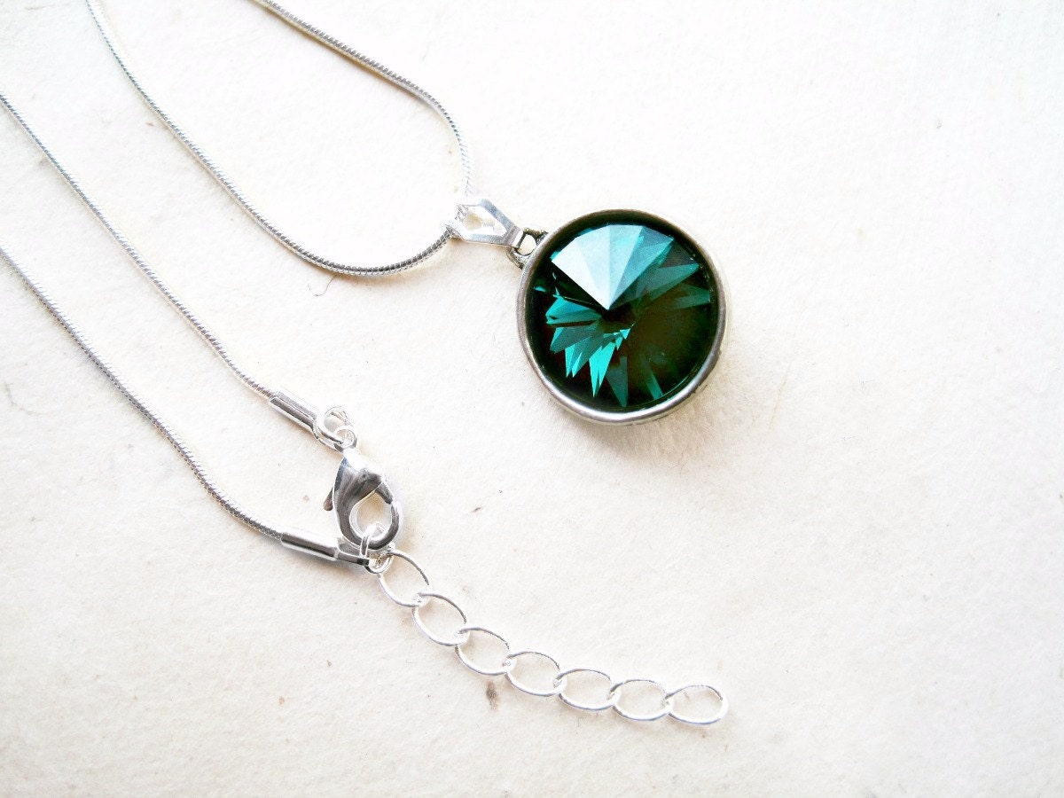 Emerald Green Necklace, Swarovski Crystal Drop Necklace, May Birthstone, Deep Green and Silver Simple Emerald Rhinestone Pendant Necklace