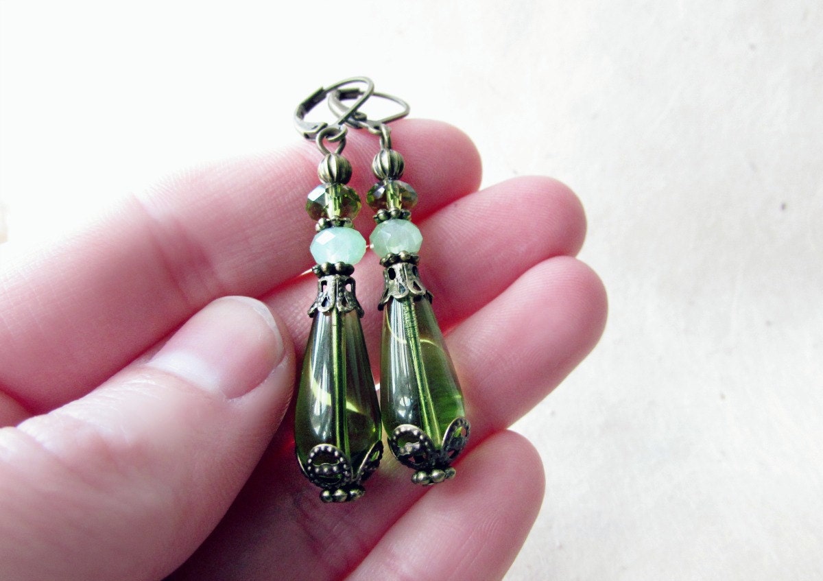 Olive Green Earrings, Teardrop Earrings, Jade Crystal Long Dangle Earrings, Victorian Jewelry, Czech Glass Earrings, Elegant Bronze Earrings