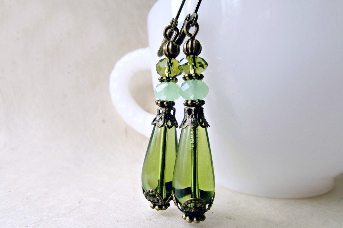 Olive Green Earrings, Teardrop Earrings, Jade Crystal Long Dangle Earrings, Victorian Jewelry, Czech Glass Earrings, Elegant Bronze Earrings