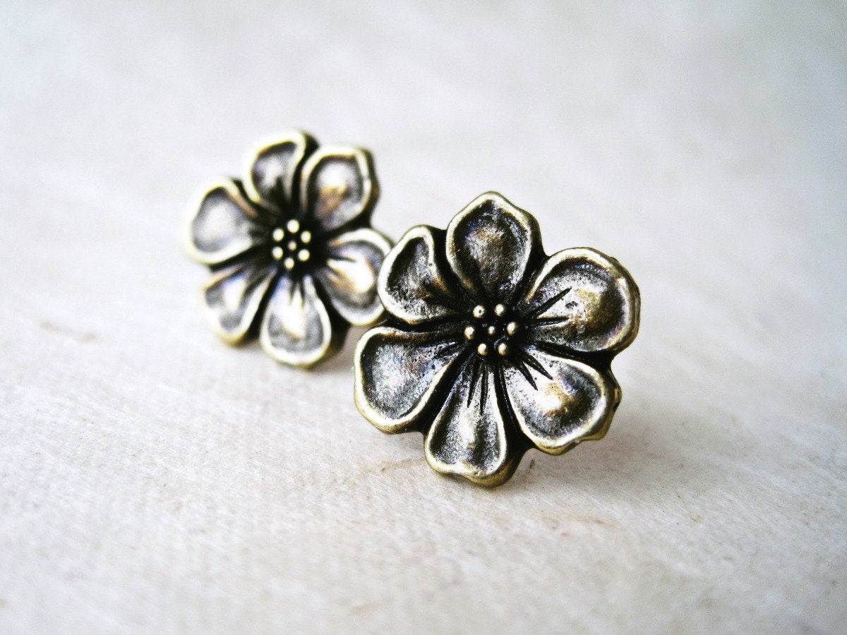 Bronze Flower Studs, Flower Stud Earrings, Apple Blossom Earring, Metal Flower Earrings, Big Flower Earring, Surgical Steel Earring,