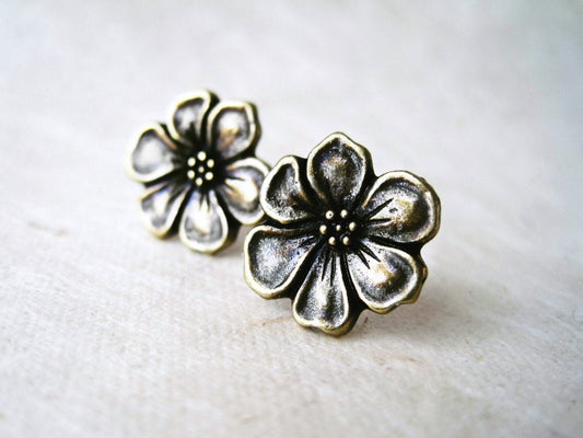 Bronze Flower Studs, Flower Stud Earrings, Apple Blossom Earring, Metal Flower Earrings, Big Flower Earring, Surgical Steel Earring,