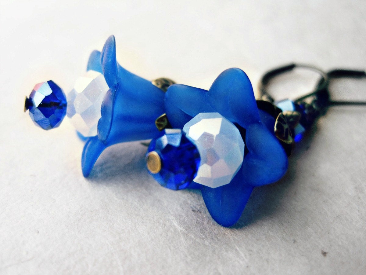 Blue Flower Earrings, Cobalt Lily Earrings, Antique Bronze Filigree, Royal Blue Jewelry, Blue and White Earrings, Victorian Inspired Earring