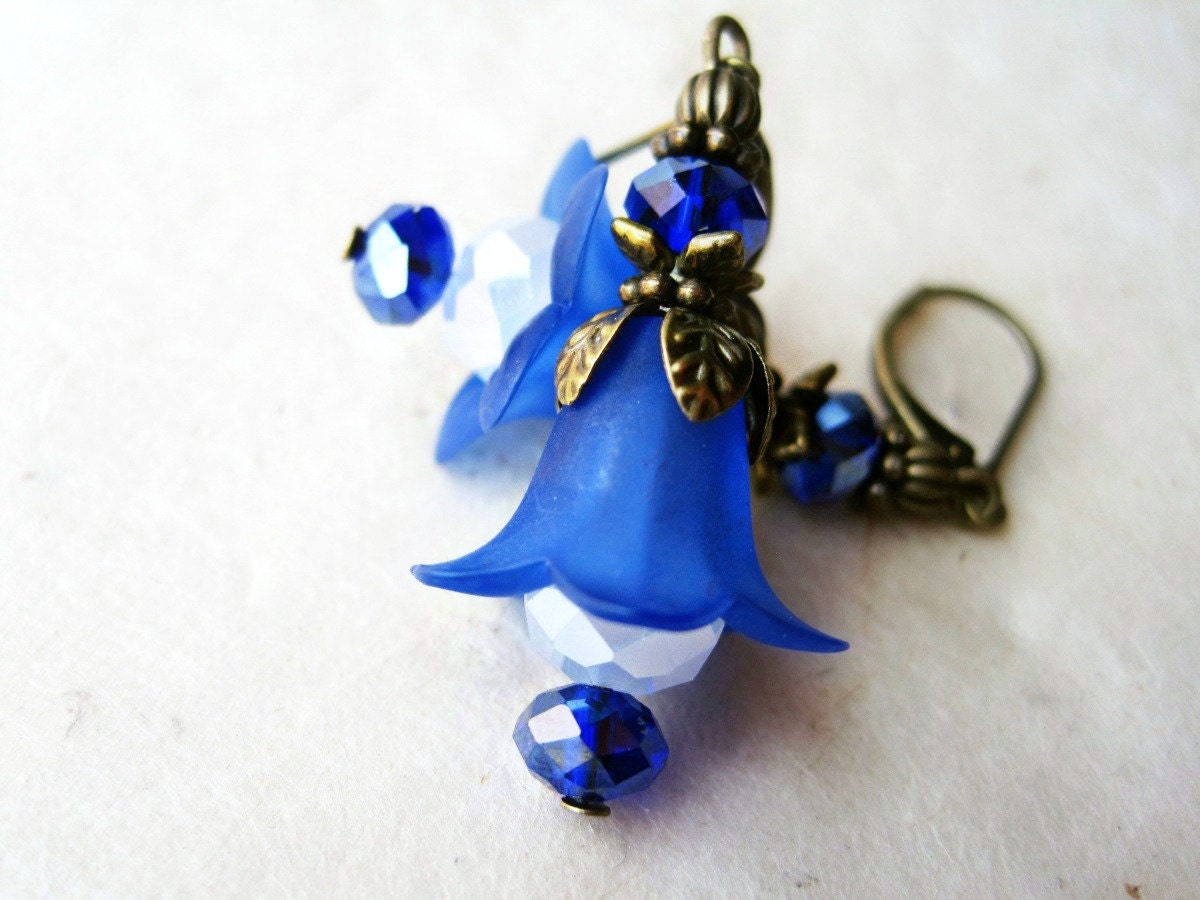Blue Flower Earrings, Cobalt Lily Earrings, Antique Bronze Filigree, Royal Blue Jewelry, Blue and White Earrings, Victorian Inspired Earring